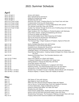2021 Summer Schedule April