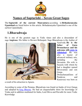 Names of Saptarishi – Seven Great Sages 1.Bharadwaja