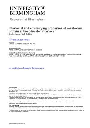 Interfacial and Emulsifying Properties of Mealworm Protein at the Oil/Water Interface Gould, Joanne; Wolf, Bettina