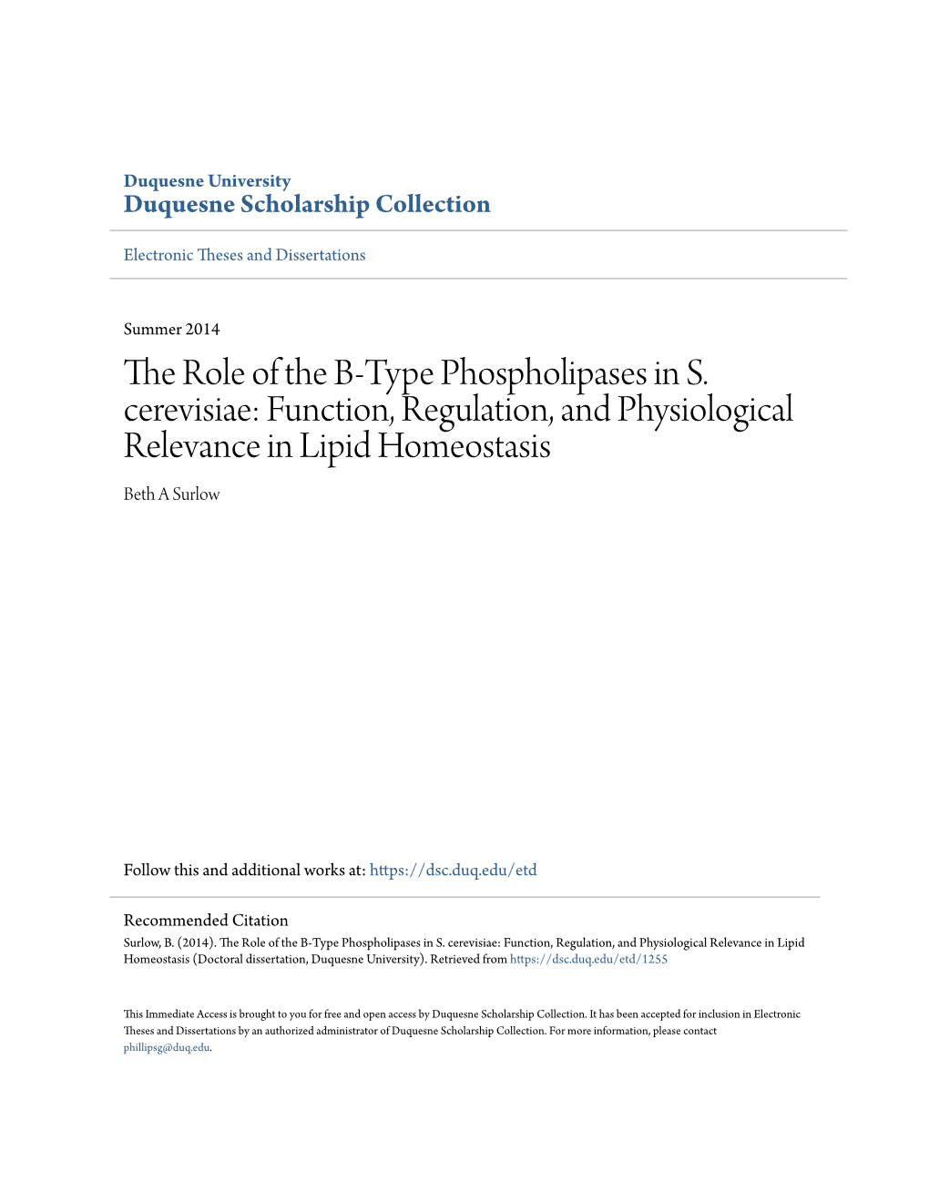 The Role Of The B-Type Phospholipases In S. Cerevisiae: Function ...