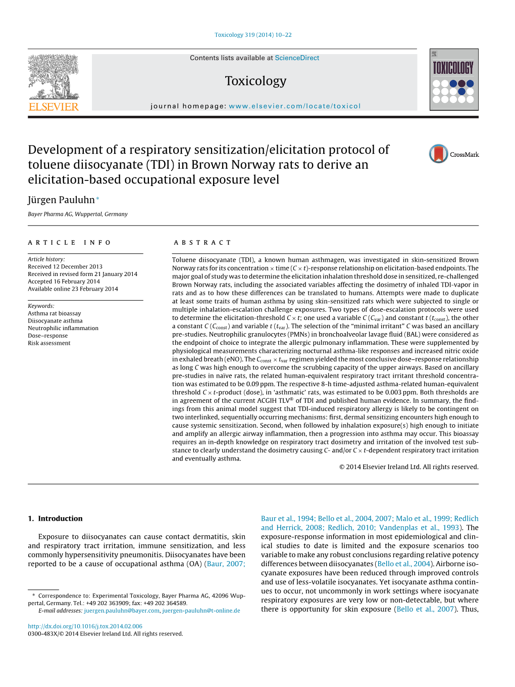 Development of a Respiratory Sensitization/Elicitation Protocol of Toluene Diisocyanate