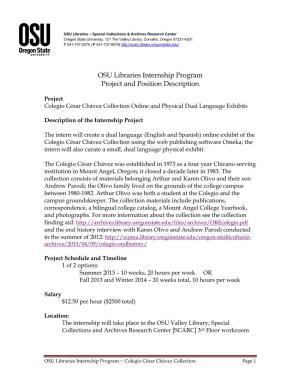 OSU Libraries Internship Program Project and Position Description