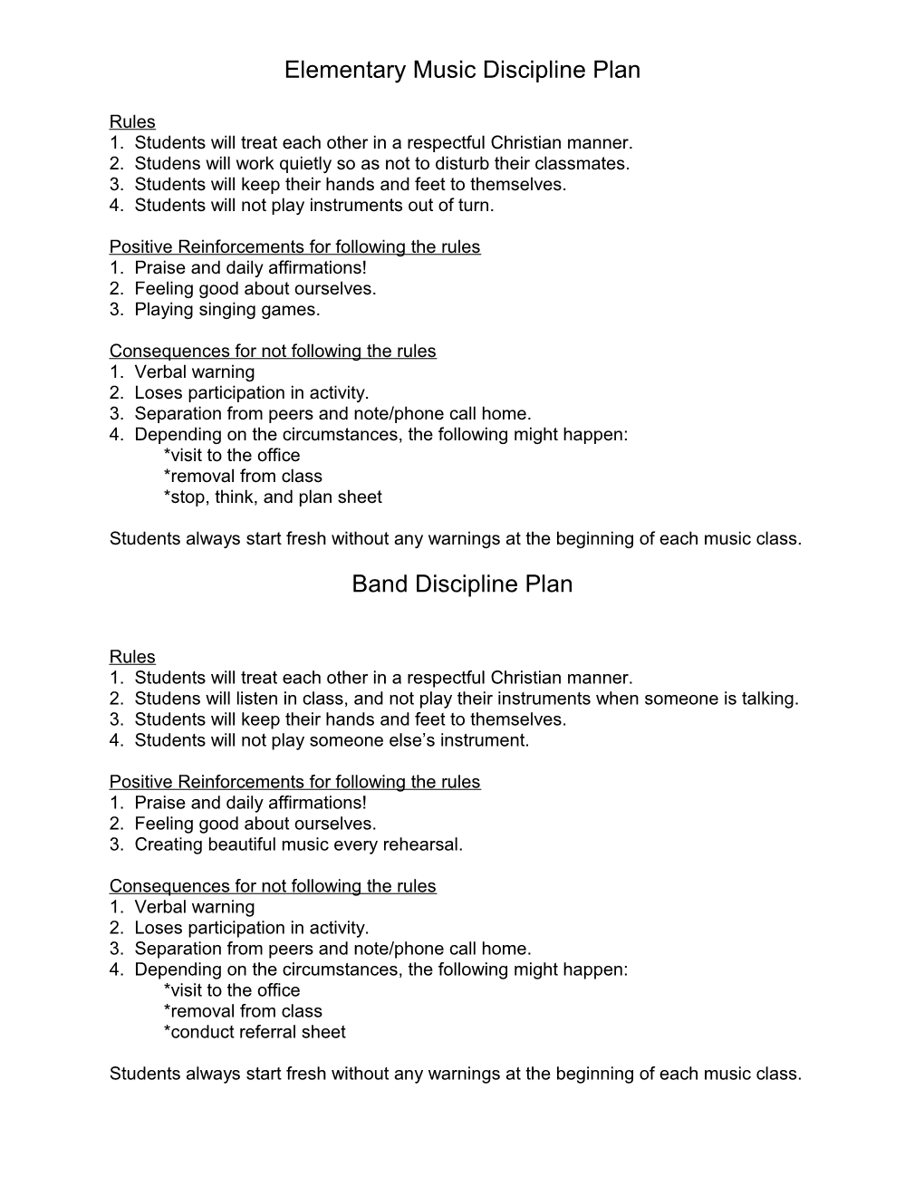 Elementary Music Discipline Plan