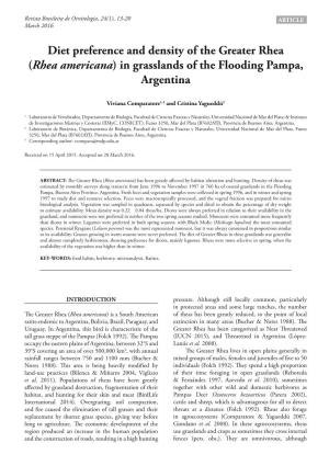 Diet Preference and Density of the Greater Rhea (Rhea Americana) in Grasslands of the Flooding Pampa, Argentina