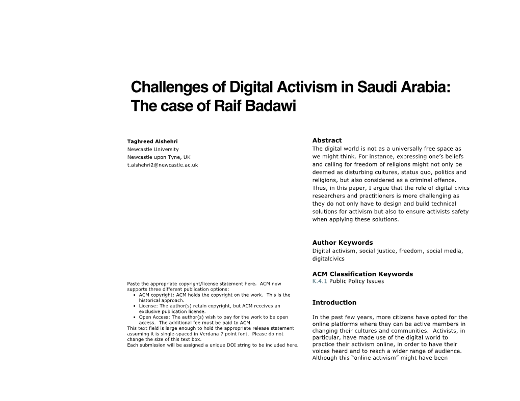 Challenges of Digital Activism in Saudi Arabia: the Case of Raif Badawi