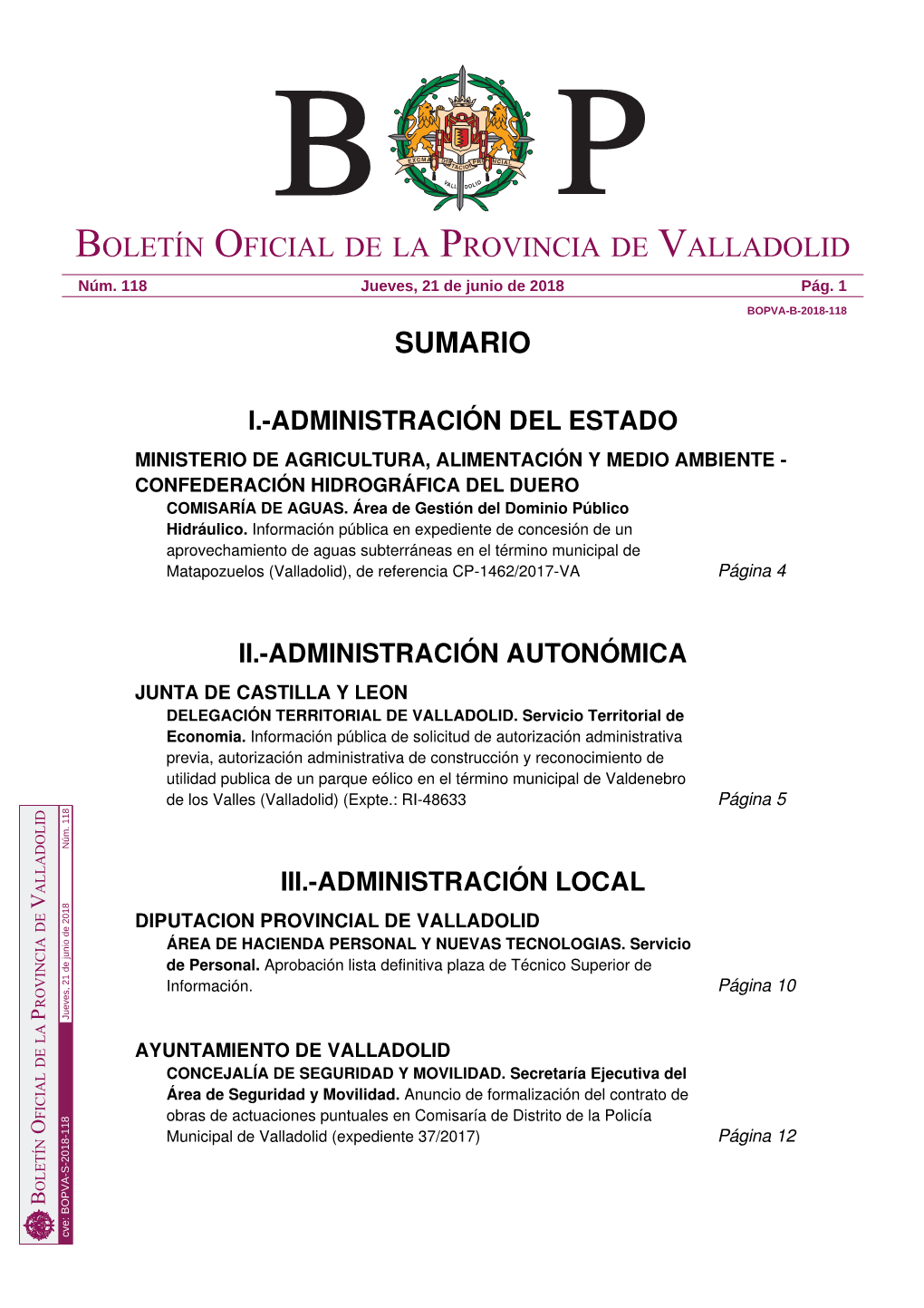 Sumario Boletín Oficial De La Provincia De Valladolid