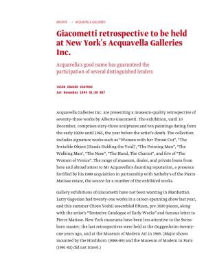 Giacometti Retrospective to Be Held at New York's Acquavella Galleries Inc