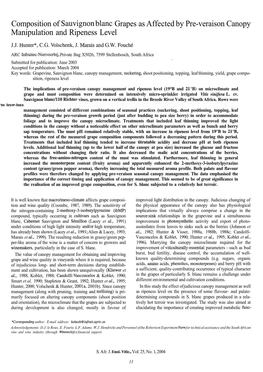 Composition of Sauvignon Blanc Grapes As Affected by Pre-Veraison Canopy Manipulation and Ripeness Level