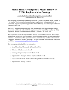 Mount Sinai Morningside & Mount Sinai West CHNA Implementation Strategy