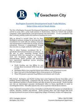 Burlington Economic Development Leads Trade Mission, Sister-Cities Visit to South Korea