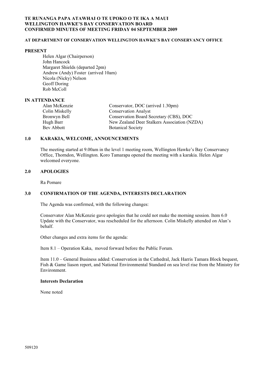Wellington Hawke's Bay Conservation Board Minutes, Friday 4 September