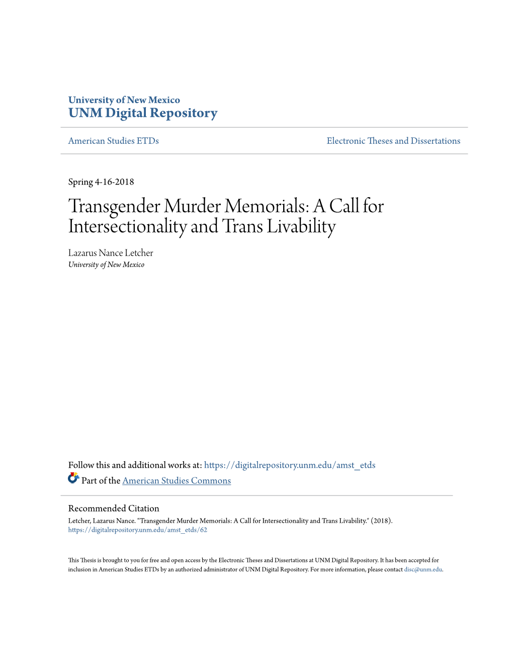 Transgender Murder Memorials: a Call for Intersectionality and Trans Livability Lazarus Nance Letcher University of New Mexico