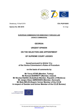 GEORGIA URGENT OPINION on the SELECTION and APPOINTMENT of SUPREME COURT JUDGES Issued Pursuant to Article 14 a of the Venice