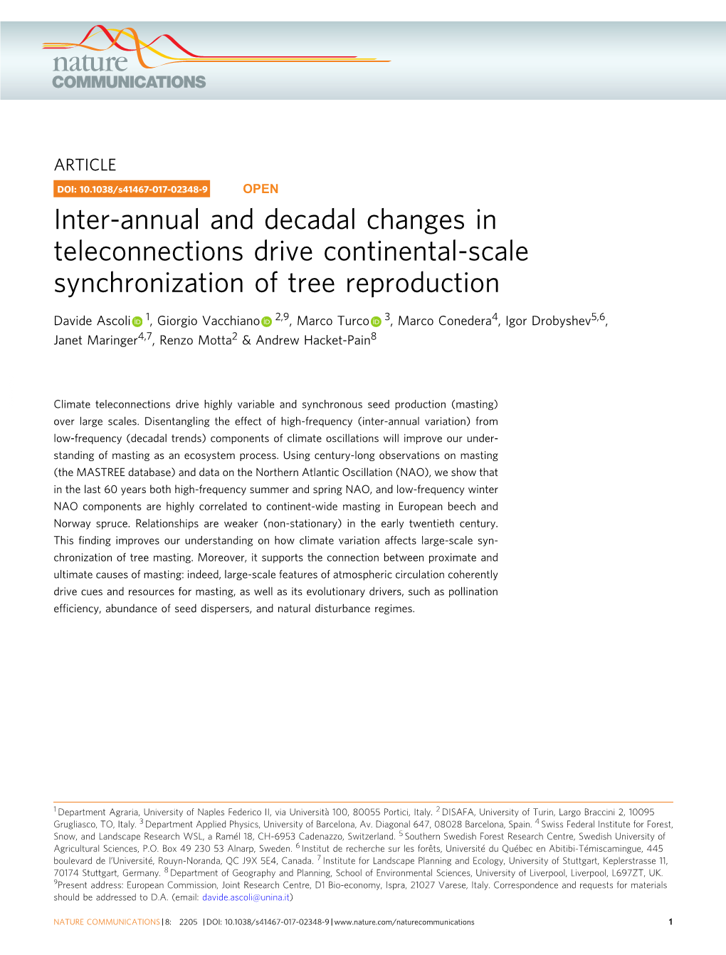 Inter-Annual and Decadal Changes in Teleconnections Drive Continental-Scale Synchronization of Tree Reproduction