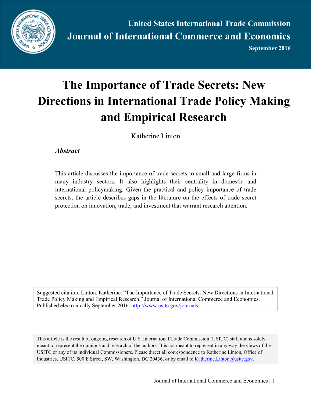 The Importance of Trade Secrets: New Directions in International Trade Policy Making and Empirical Research