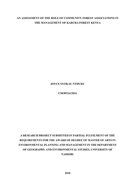 An Assessment of the Role of Community Forest Associations in the Management of Karura Forest Kenya