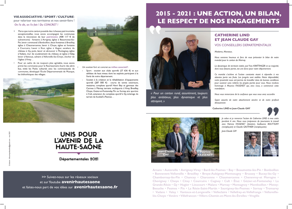 2015 - 2021 : UNE ACTION, UN BILAN, Pour Valoriser Nos Territoires Et Nos Savoir-Faire ! on L’A Dit, on L’A Fait ! Du CONCRET ! LE RESPECT DE NOS ENGAGEMENTS