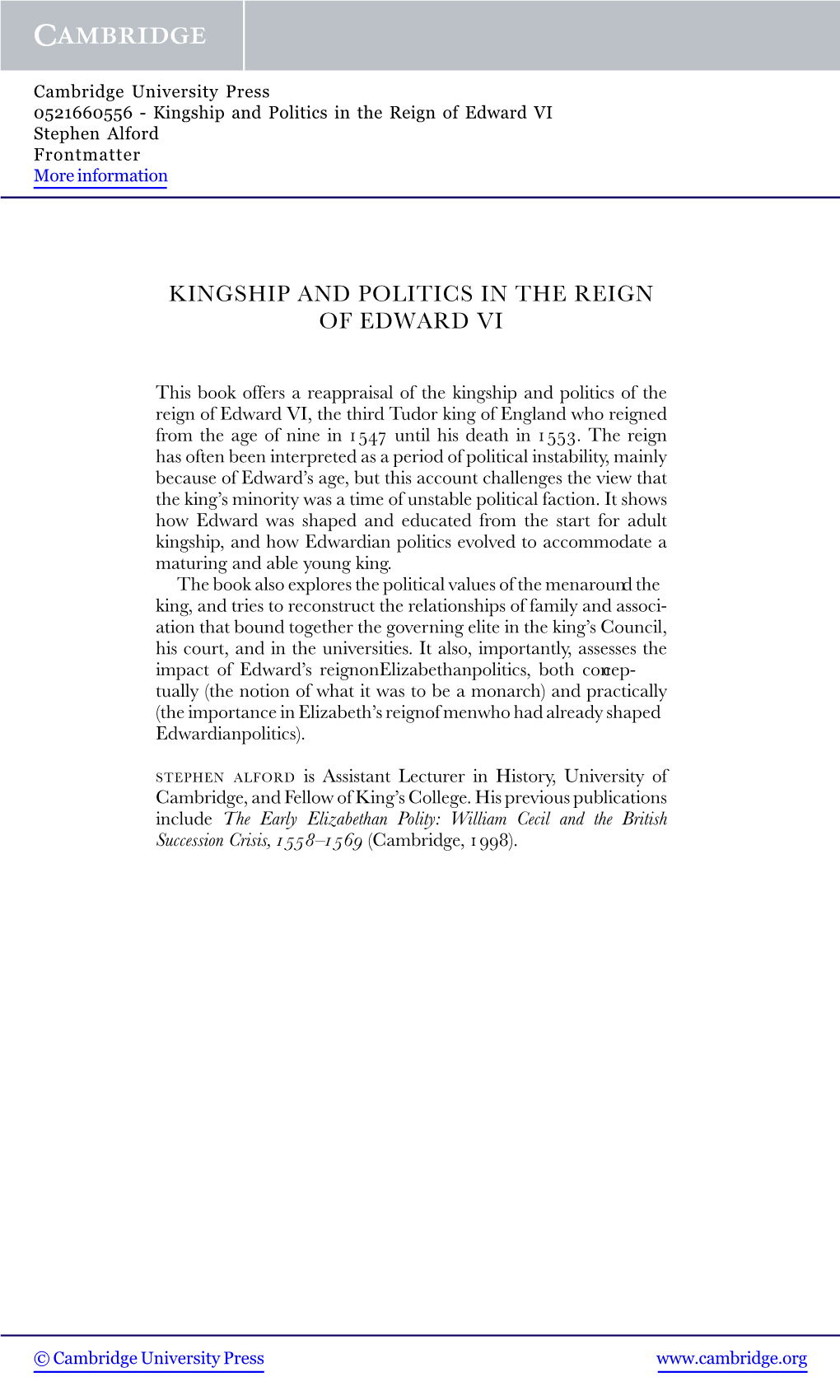 Kingship and Politics in the Reign of Edward VI Stephen Alford Frontmatter More Information