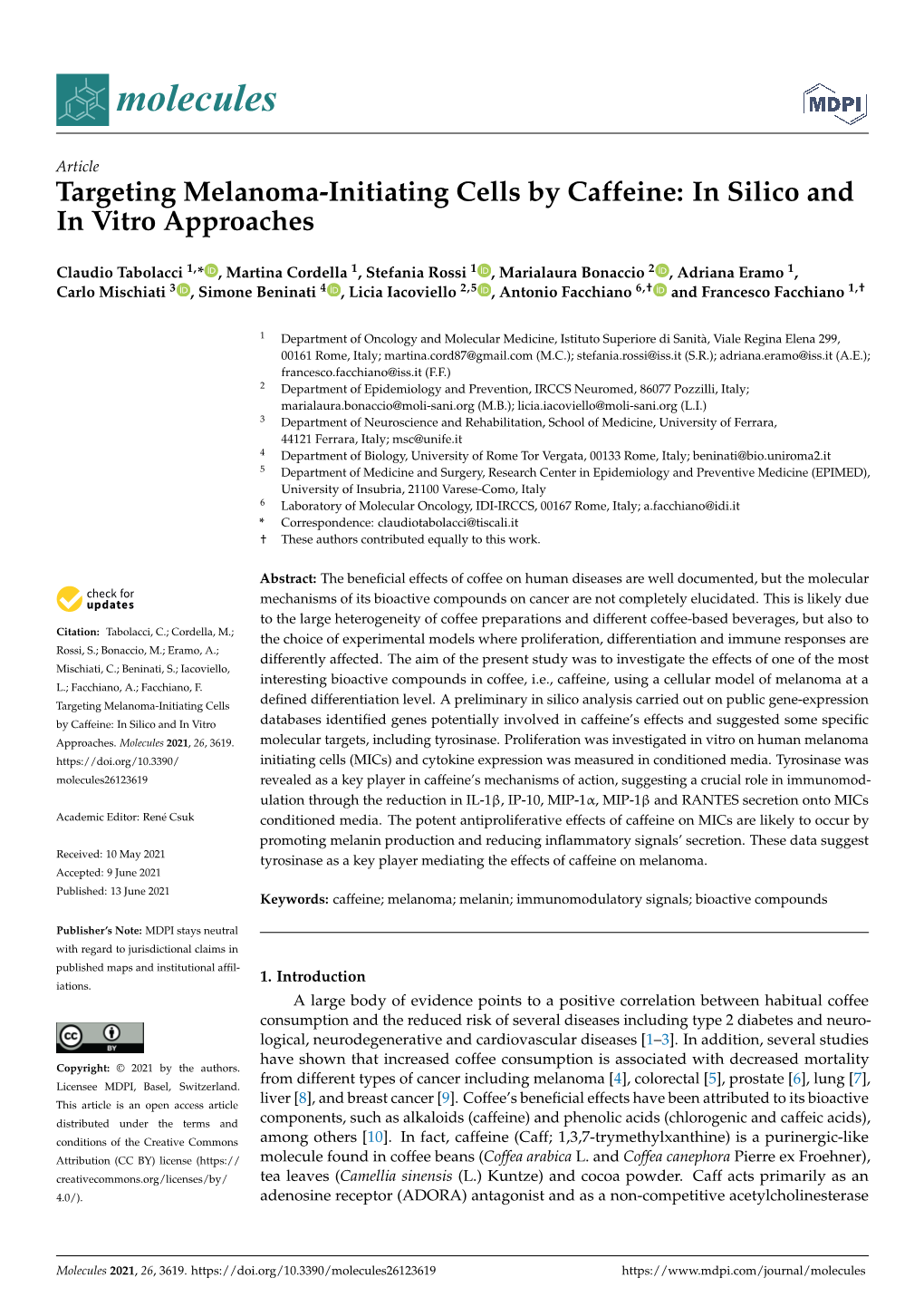 Targeting Melanoma-Initiating Cells by Caffeine: in Silico and in Vitro Approaches