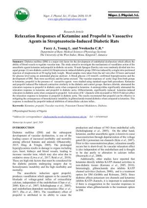 Relaxation Responses of Ketamine and Propofol to Vasoactive Agents in Streptozotocin-Induced Diabetic Rats