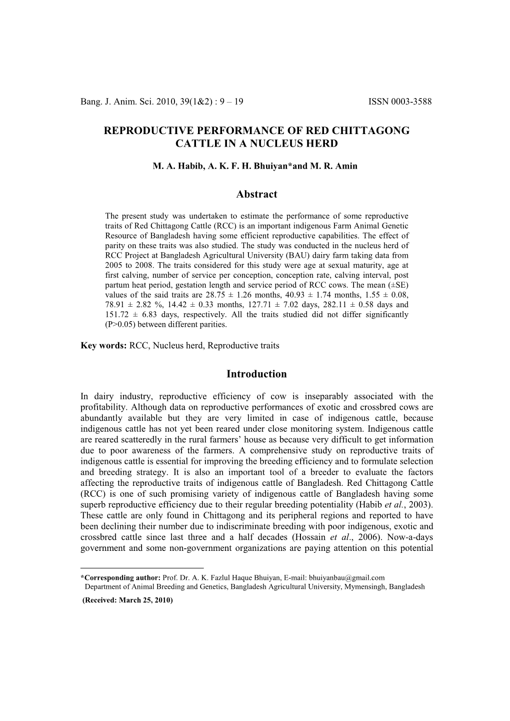 REPRODUCTIVE PERFORMANCE of RED CHITTAGONG CATTLE in a NUCLEUS HERD Abstract Introduction