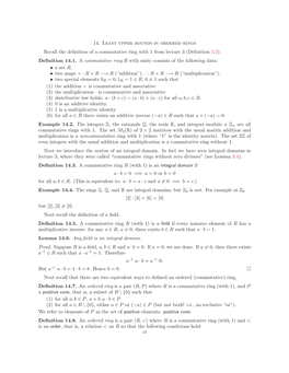 14. Least Upper Bounds in Ordered Rings Recall the Definition of a Commutative Ring with 1 from Lecture 3