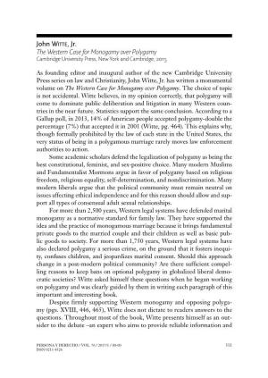John Witte, Jr. the Western Case for Monogamy Over Polygamy Cambridge University Press, New York and Cambridge, 2015