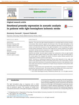 Emotional Prosody Expression in Acoustic Analysis in Patients with Right Hemisphere Ischemic Stroke