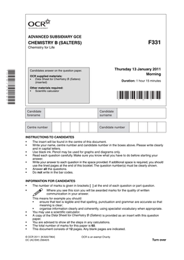 CHEMISTRY B (SALTERS) F331 Chemistry for Life *OCE/25640* Candidates Answer on the Question Paper