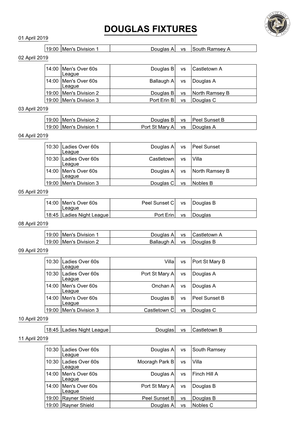 DOUGLAS FIXTURES 01 April 2019