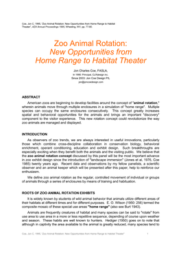 Zoo Animal Rotation: New Opportunities from Home Range to Habitat Theater”, AZA Annual Proceedings 1995, Wheeling, WV, Pp