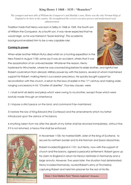 King Henry 1 1068 – 1135 : “Beauclerc”