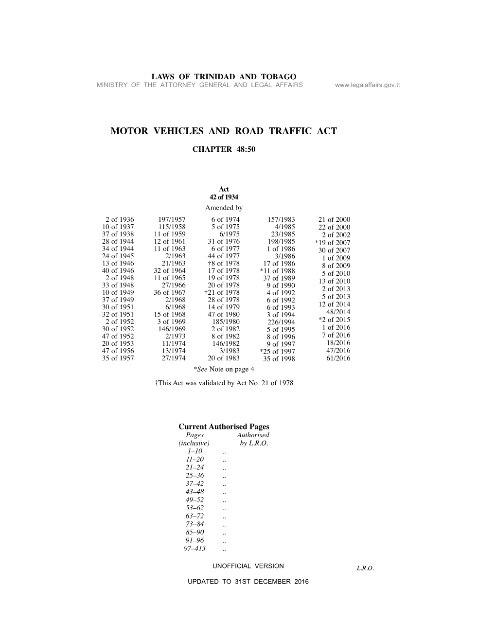 Motor Vehicles and Road Traffic Act