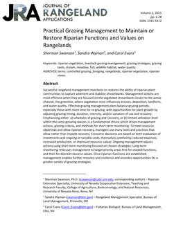Practical Grazing Management to Maintain Or Restore Riparian Functions and Values on Rangelands 1 2 3 Sherman Swanson , Sandra Wyman , and Carol Evans