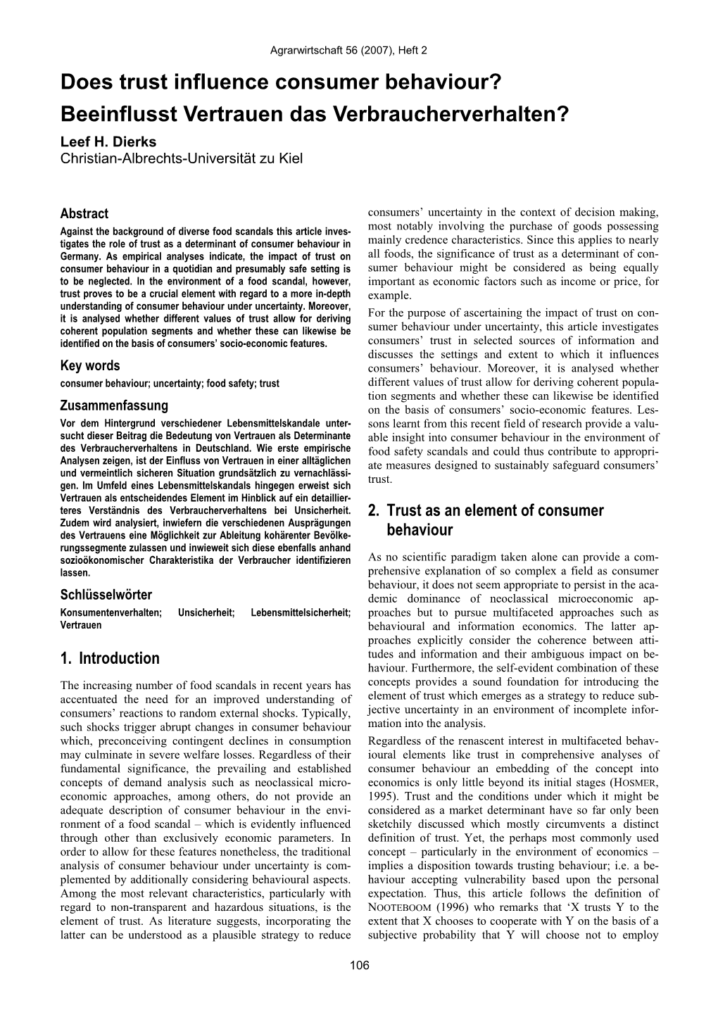 Does Trust Influence Consumer Behaviour? Beeinflusst Vertrauen Das Verbraucherverhalten? Leef H