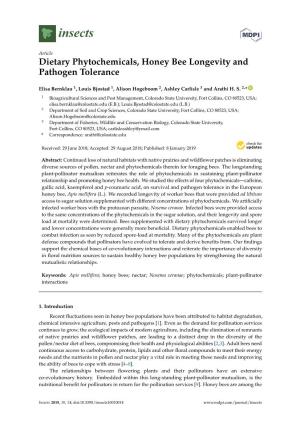 Dietary Phytochemicals, Honey Bee Longevity and Pathogen Tolerance