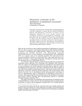Phonotactic Constraints on the Distribution of Palatalized Consonants* Alexei Kochetov University of Toronto