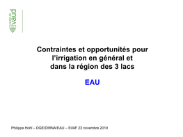 Contraintes Et Opportunités Pour L'irrigation En Général Et Dans La