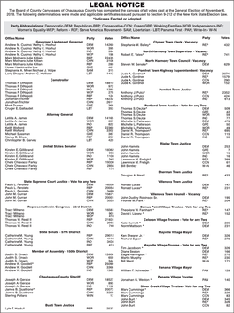 LEGAL NOTICE the Board of County Canvassers of Chautauqua County Has Completed the Canvass of All Votes Cast at the General Election of November 6, 2018