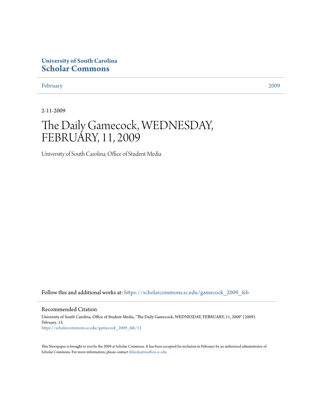 The Daily Gamecock, WEDNESDAY, FEBRUARY, 11, 2009