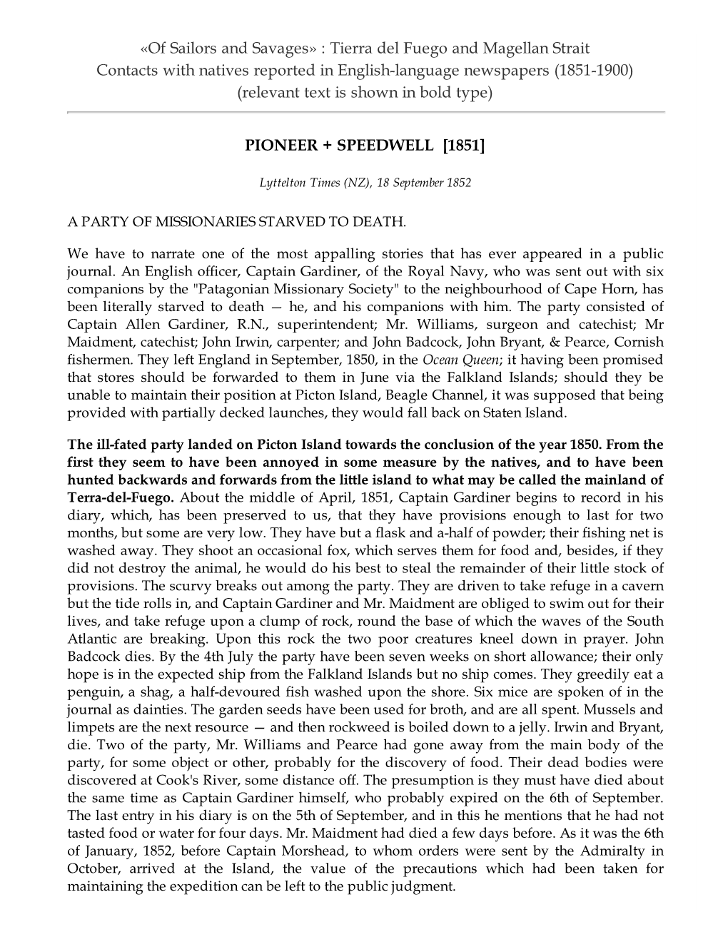 Tierra Del Fuego and Magellan Strait Contacts with Natives Reported in English­Language Newspapers (1851­1900) (Relevant Text Is Shown in Bold Type)