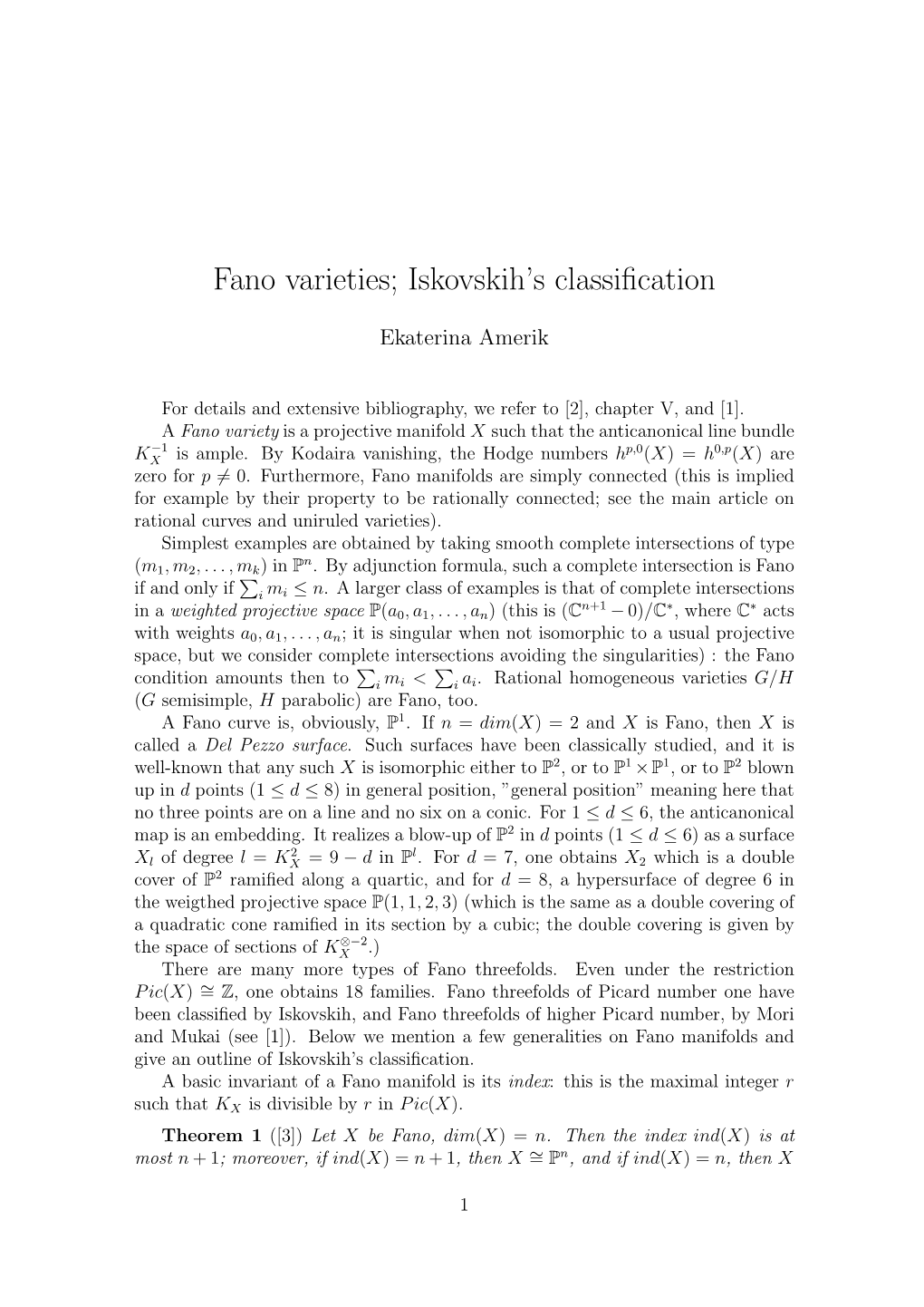 Fano Varieties; Iskovskih's Classification