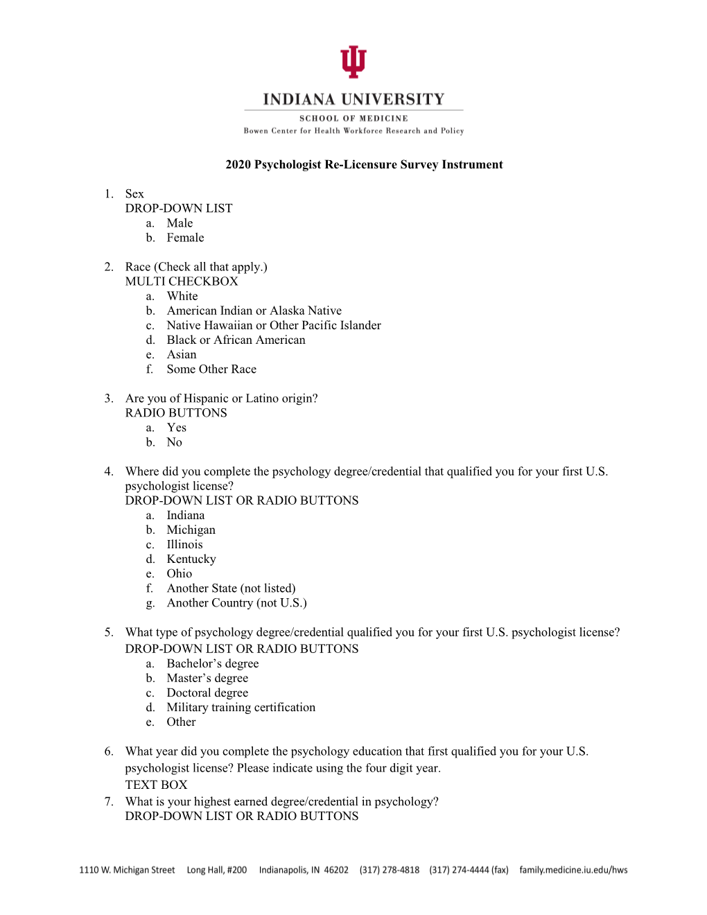 2020 Psychologist Re-Licensure Survey Instrument