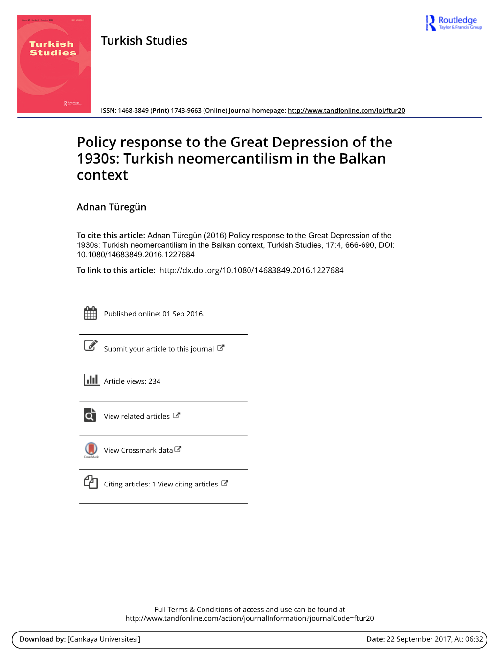 Policy Response to the Great Depression of the 1930S: Turkish Neomercantilism in the Balkan Context