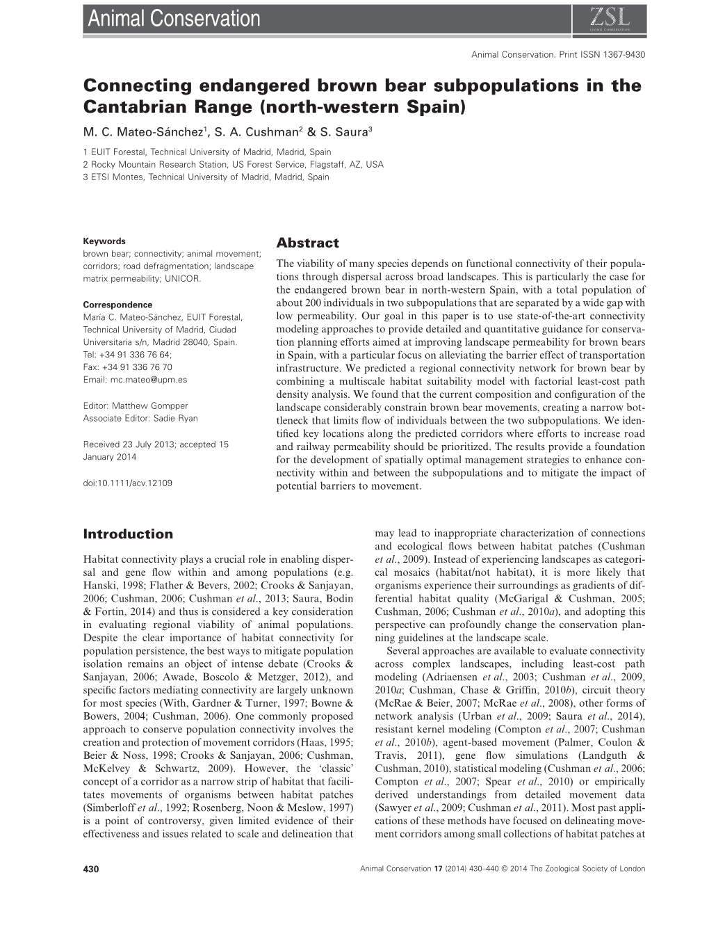 Connecting Endangered Brown Bear Subpopulations in the Cantabrian Range (North-Western Spain) M