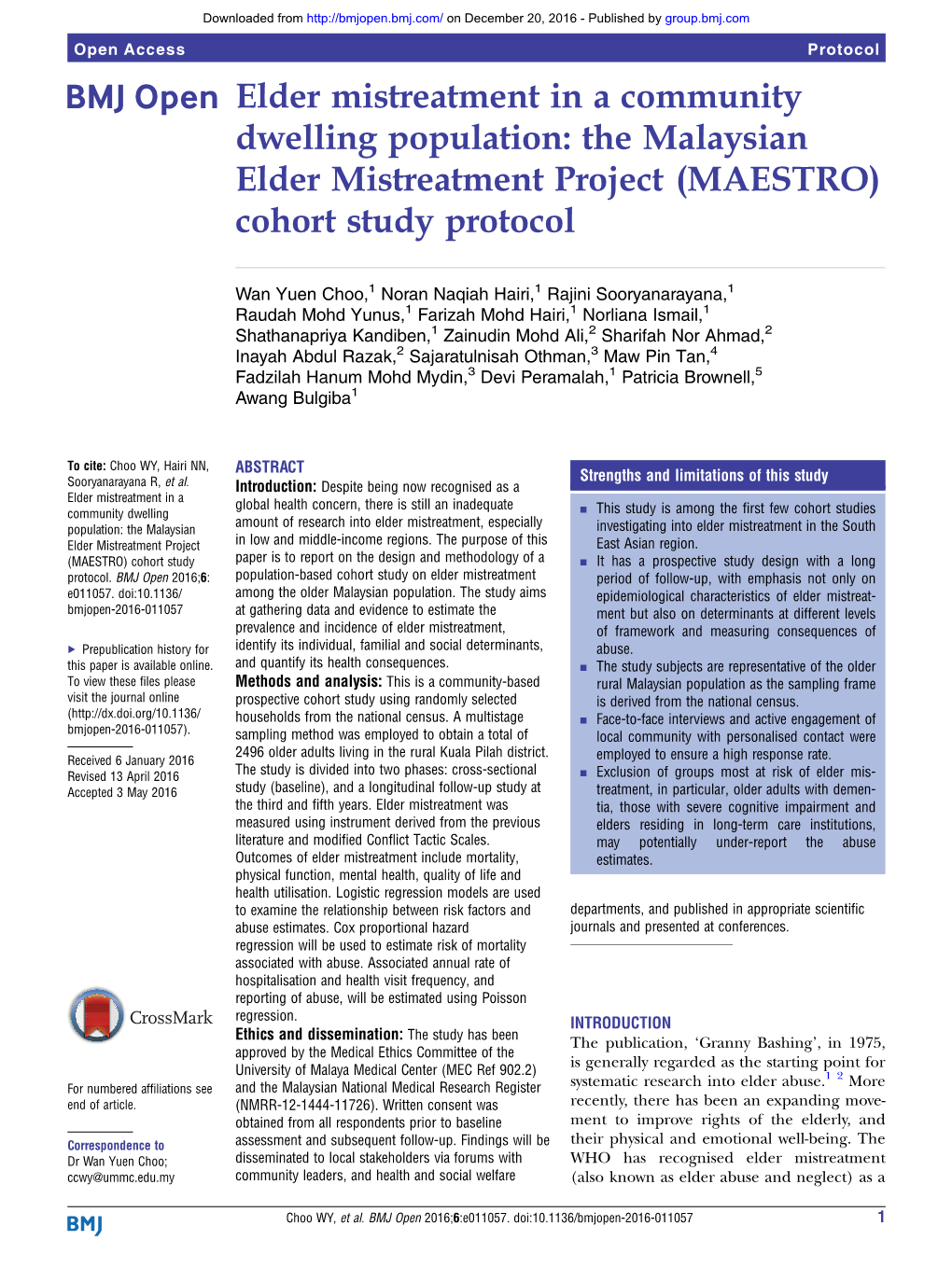 Elder Mistreatment in a Community Dwelling Population: the Malaysian Elder Mistreatment Project (MAESTRO) Cohort Study Protocol