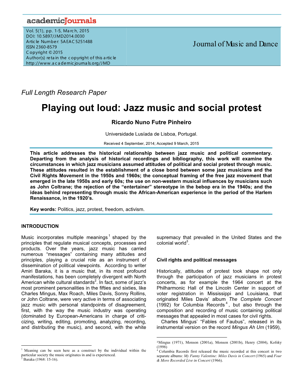 Jazz Music and Social Protest