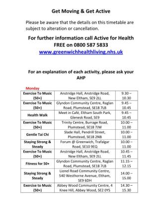 For Further Information Call Active for Health FREE on 0800 587 5833