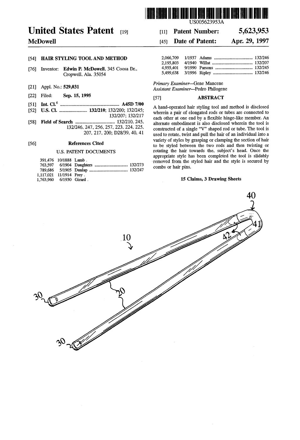 United States Patent (19 11 Patent Number: 5,623.953 Mcdowell 45) Date of Patent: Apr