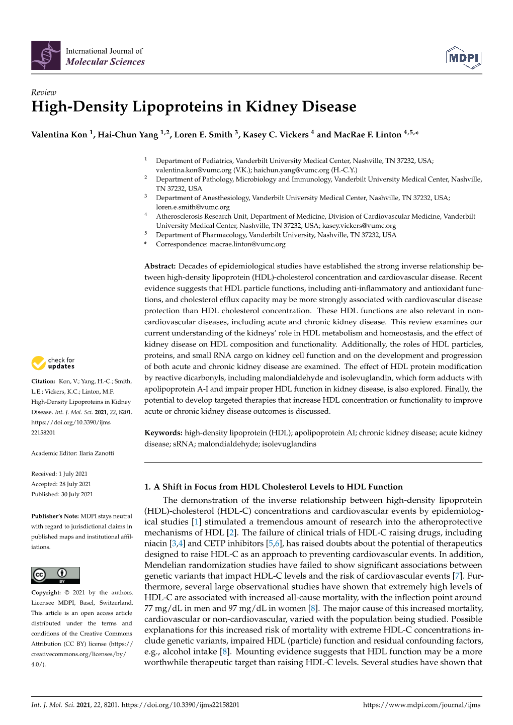 High-Density Lipoproteins in Kidney Disease